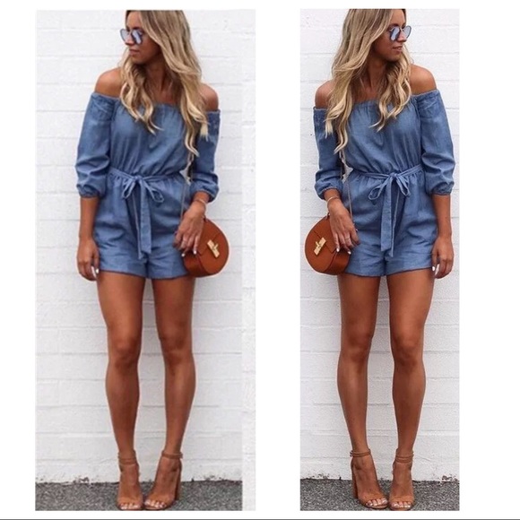 ☀️Sale☀️Saturday Denim Off Shoulder Romper - Picture 2 of 6
